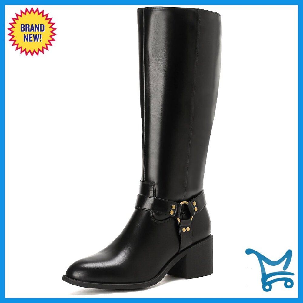 Knee High Riding Boots Block Heel Almond Toe Faux Leather Fall Winter